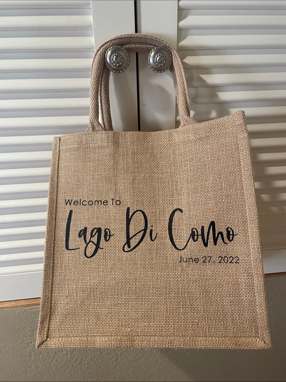 Rustic Burlap Tote Bag | “Welcome to Lago Di Como” Reusable Jute Market Bag